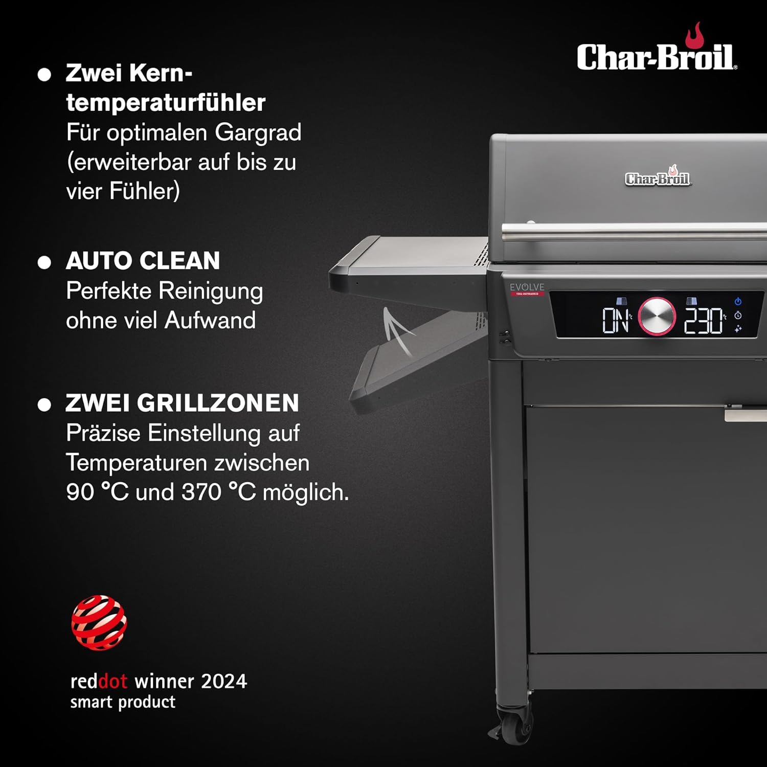 Char-Broil Elektrogrill Evolve Electric, E-Power Grillen, 90°C-370°C, App Control, Reinigungsfunktion, Kerntemperaturfühler, digitales Display - Ideal für draußen, Balkon, Garten