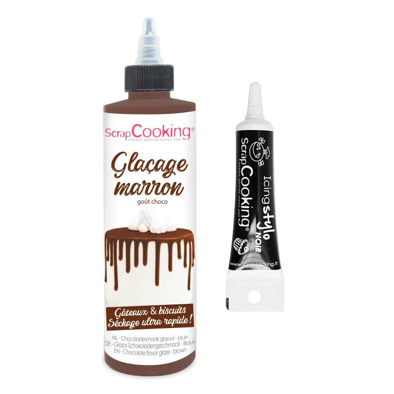 Glaçage goût chocolat 130 g marron + Stylo de glaçage noir Scrapcookin