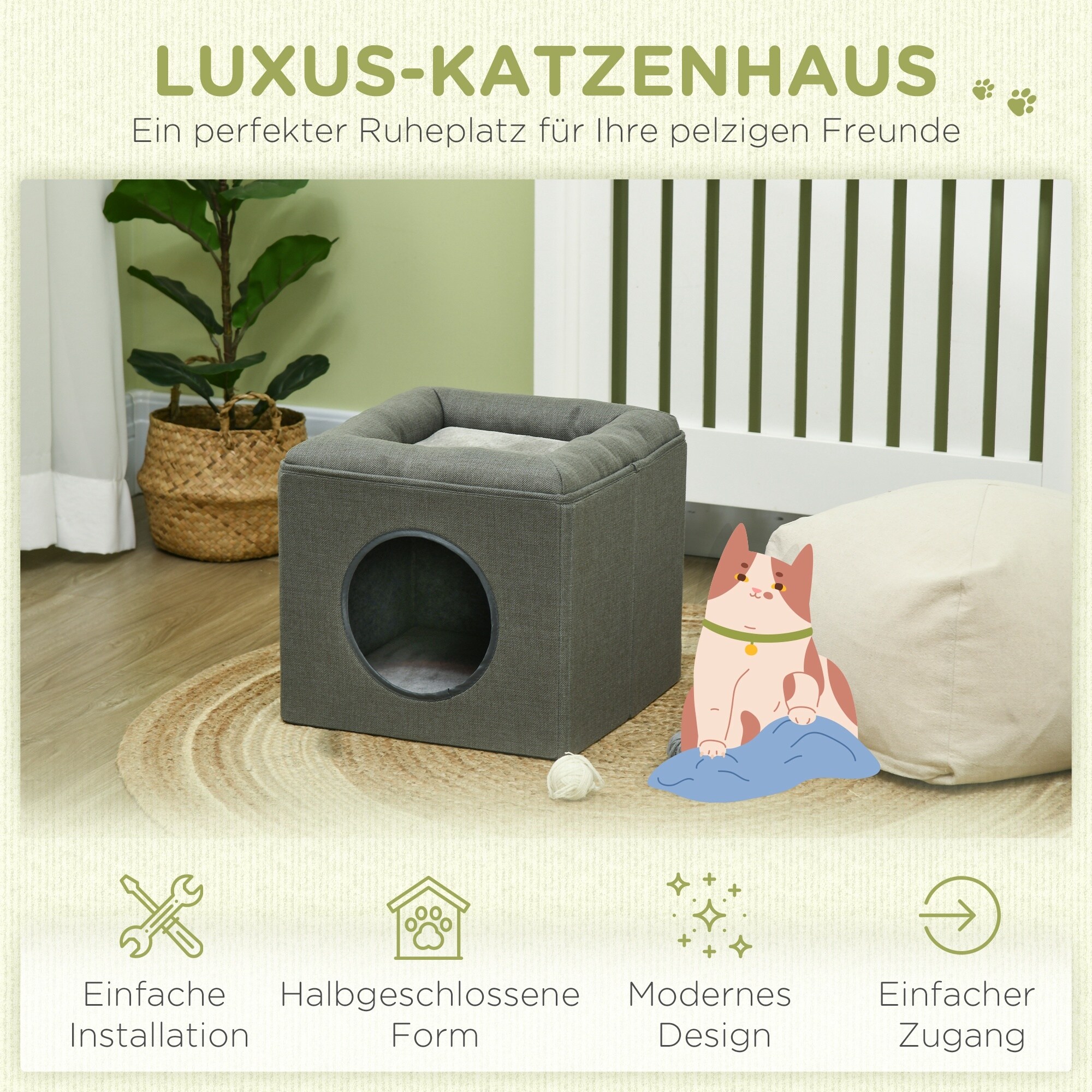 PawHut Katzenhöhle mit weichem Kissen grün 36,5L x 36,5B x 33Hcm