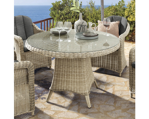 Destiny Luna tuintafel Ø 120 H 72 cm, aluminium, polyrotan, beige, rond, weerbestendig, met glazen blad.