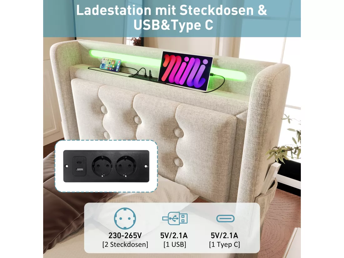 Lit coffre 90 x 200 cm avec tête de lit LED, prise USB Type-C - Tissu en coton - Beige (sans matelas)