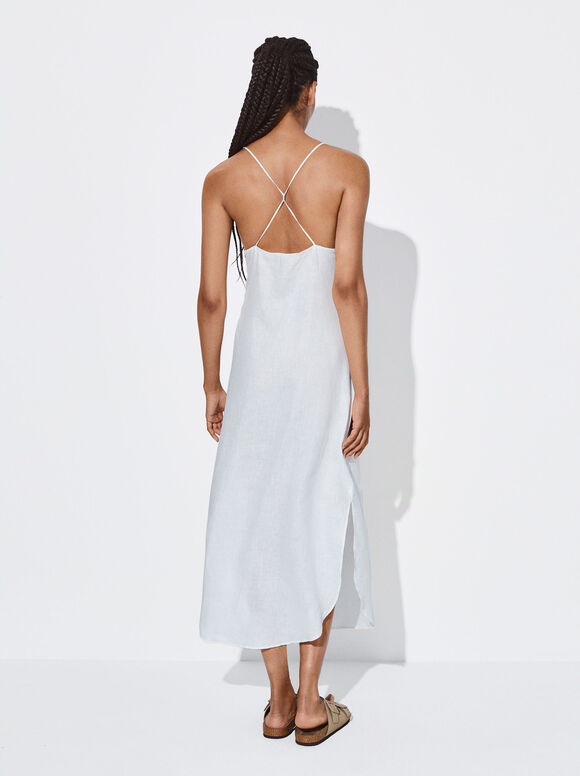 Vestido de linho com costas cruzadas - Branco-creme