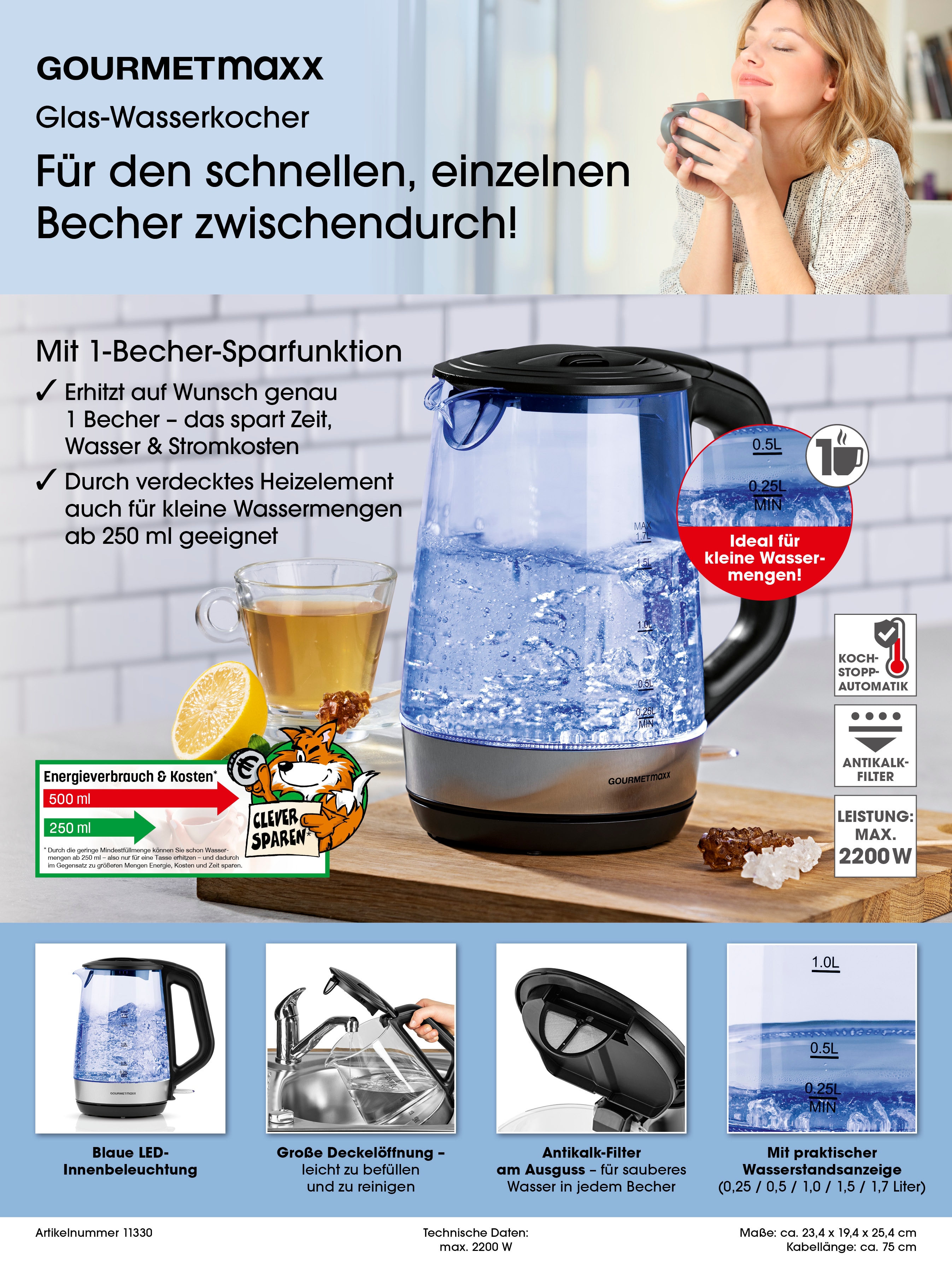 GOURMETmaxx Glas-Wasserkocher Tasse für Tasse 1,7l