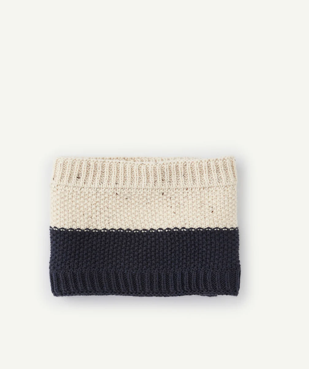 SNOOD TRICOT BÉBÉ GARÇON EN FIBRES RECYCLÉES BEIGE ET BLEU MARINE