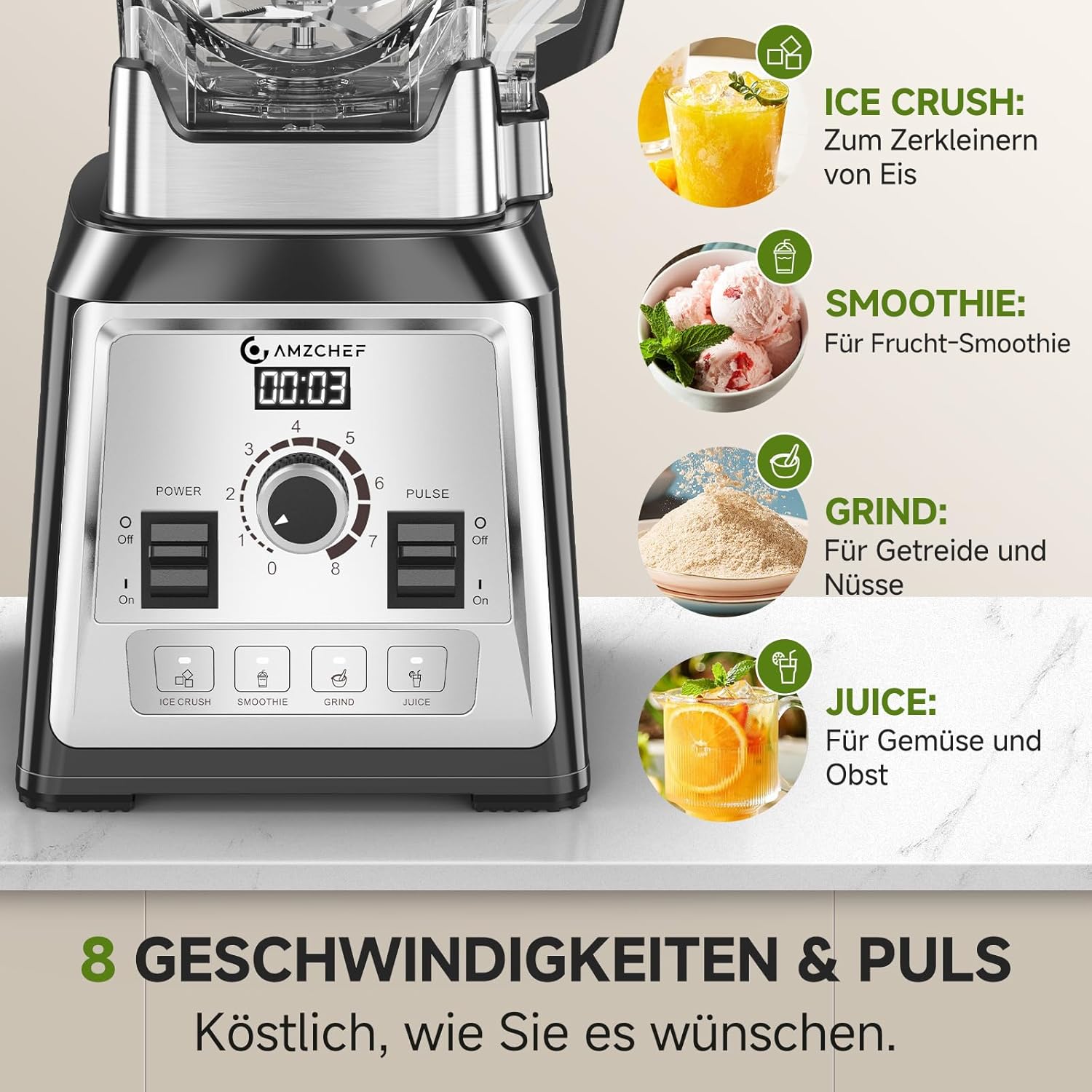 AMZCHEF Standmixer 2000 Watt | 2L Mixer Hochleistungsmixer | Blender mit 8 Einstellbaren Geschwindigkeiten und 4 Vorprogramme für Crushed Ice, Smoothie Maker, Grind Mixer | BPA-Freiem