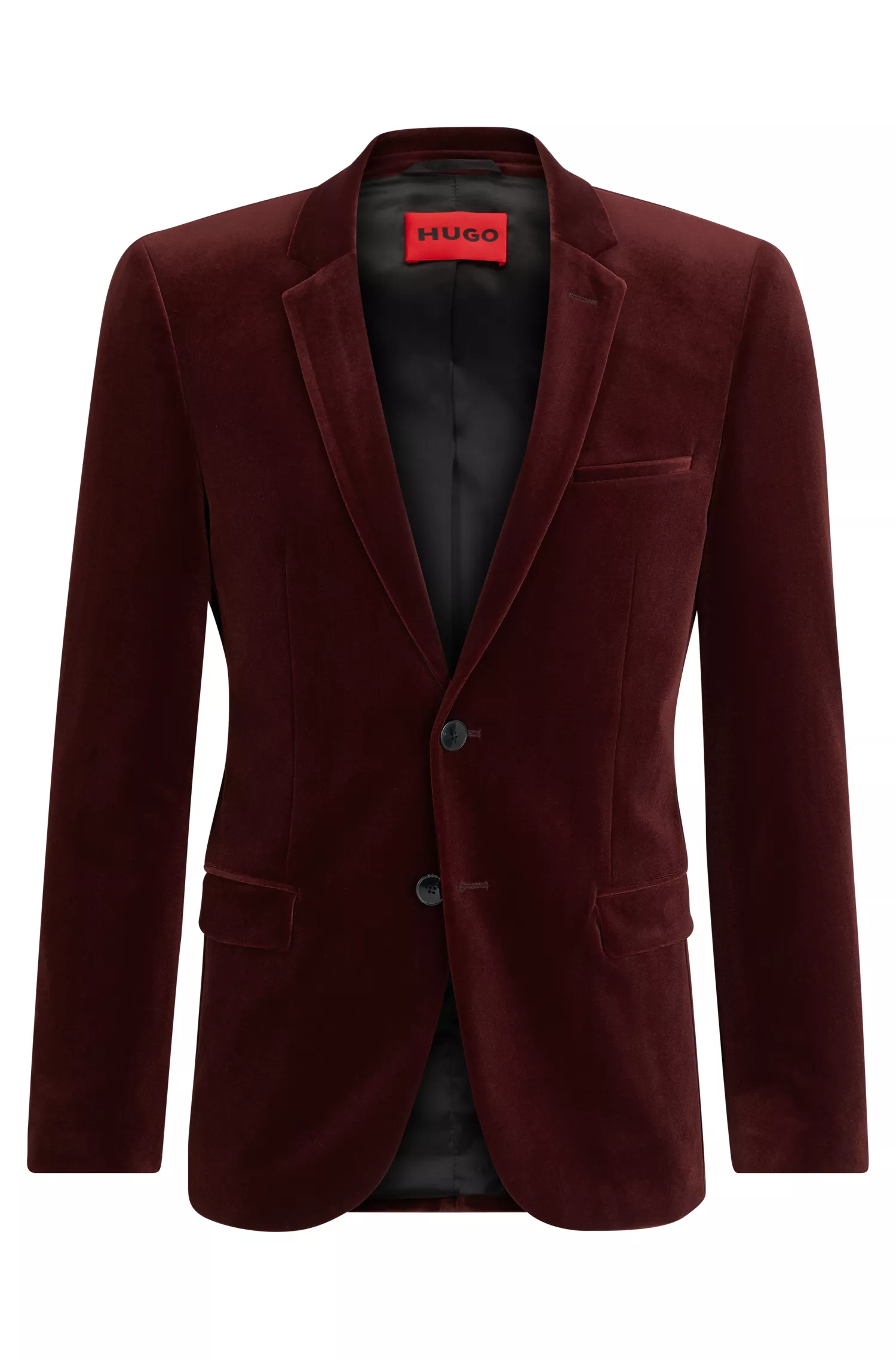 Jaqueta HUGO vermelha, extra slim fit, em veludo elástico.