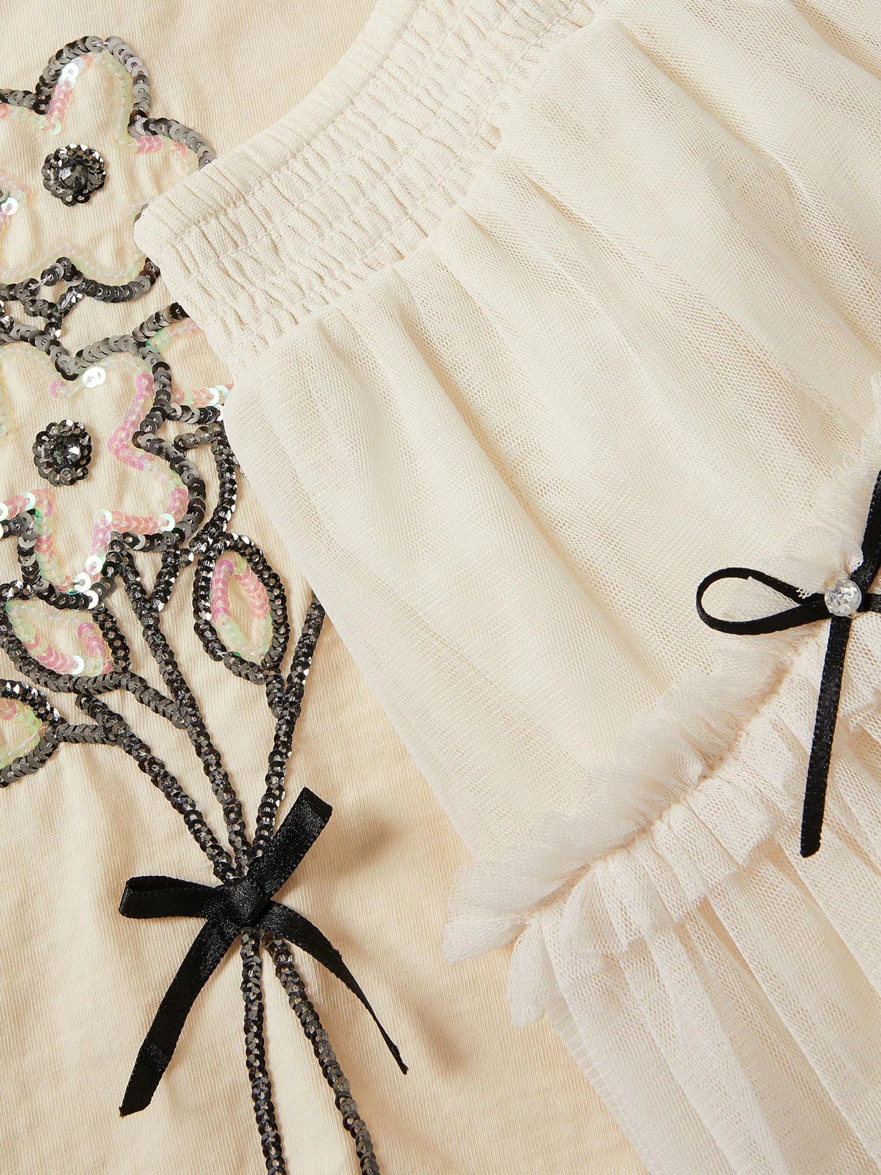 Monsoon Floral Print Sequin Top & Bow Mesh Skirt Set