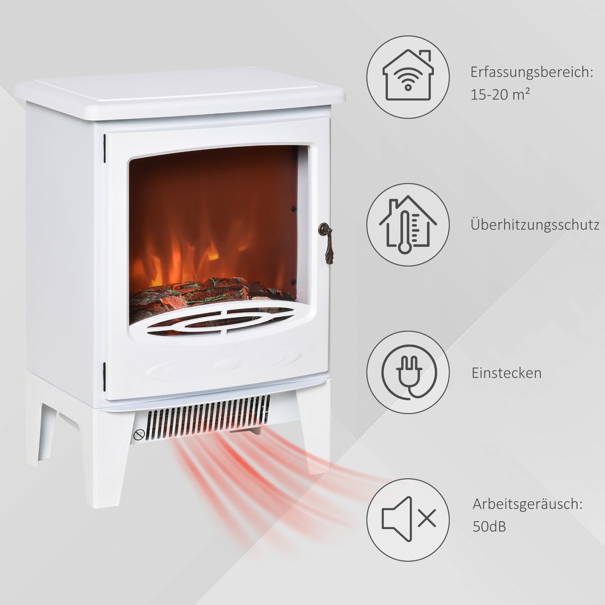 HOMCOM LED elektrische haard met vlameffect, 900/1800W, 39 x 26 x 54,8 cm, metaal, ABS-kunststof, glas, wit