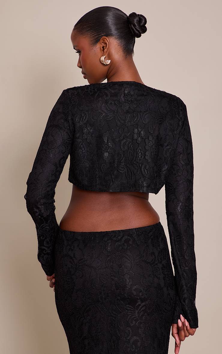 Noir Ensemble Top Court En Dentelle À Manches Longues Et Boutons
