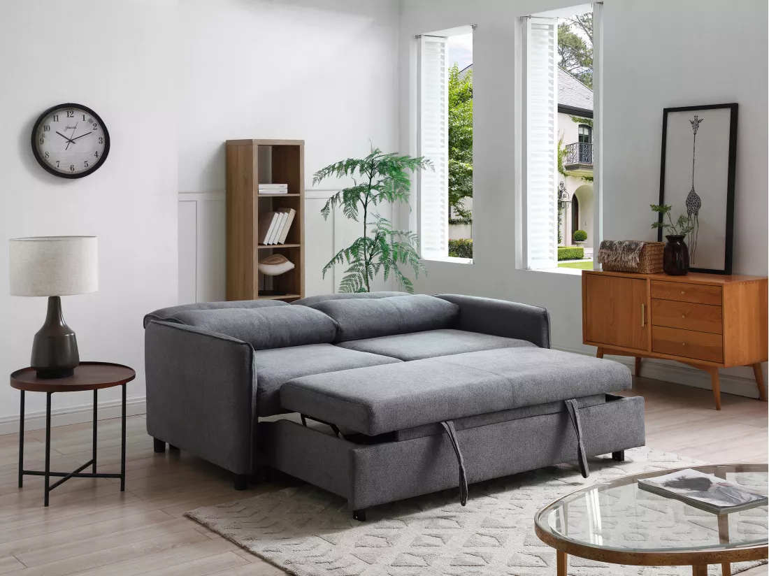 Canapé 3 places convertible en tissu gris IPANEDA