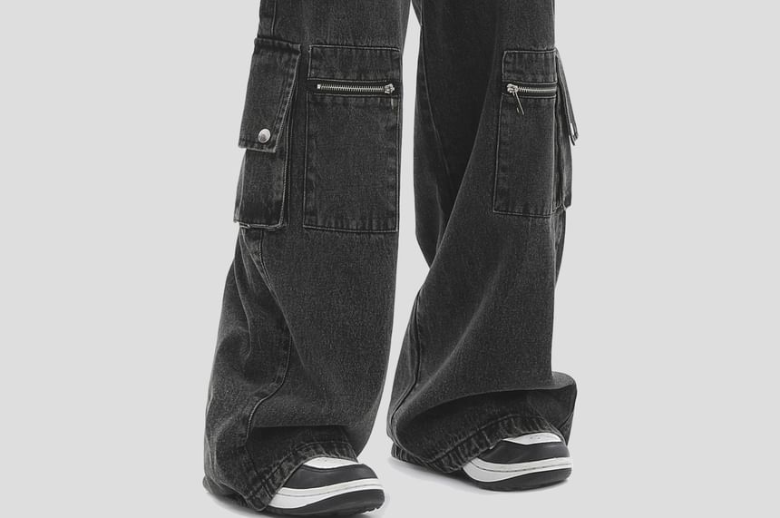 INStudio - High Waist Washed Wide Leg Cargo Jeans