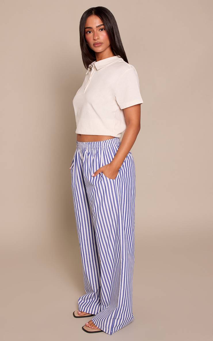 Bleu Pantalon Petite Taille Élastiquée Aspect Lin À Rayures