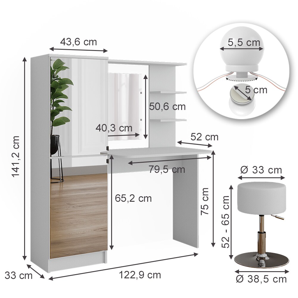 Vicco Schminktisch Jasmin Weiß 123 cm mit LED-Beleuchtung und Hocker