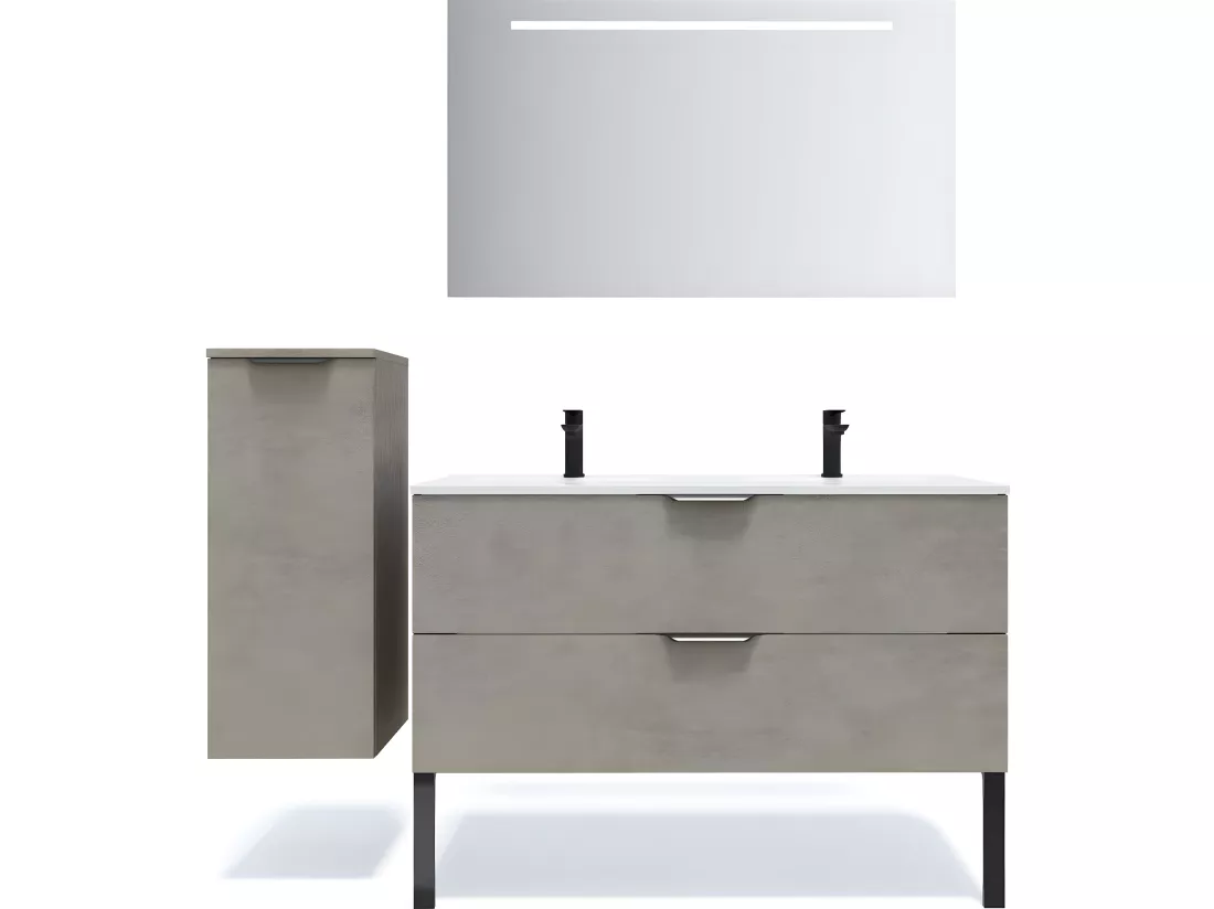 Meuble de salle de bain suspendu double vasque intégrée 120cm 2 tiroirs façon Béton - Venice