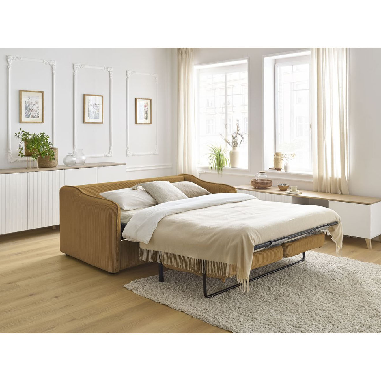 Bobochic Canapé droit convertible express en Velours côtelé 3 places Lenny jaune - 178x102x89 cm