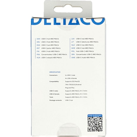 Deltaco USB-C hub 4-port - sort