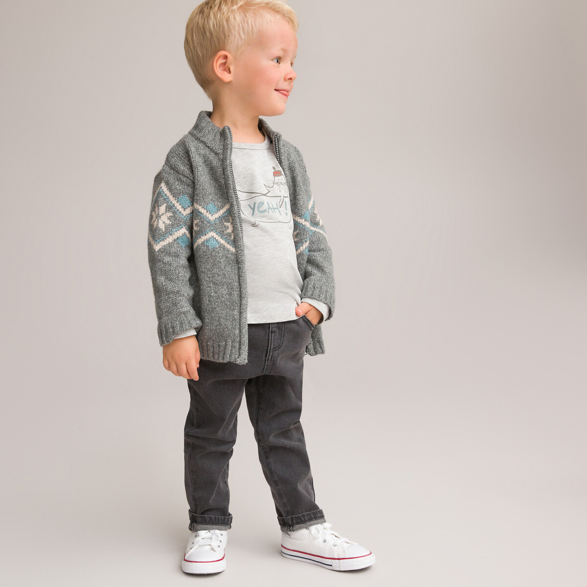 LA REDOUTE COLLECTIONS<br>Cardigã com zíper e gola alta, estampa jacquard