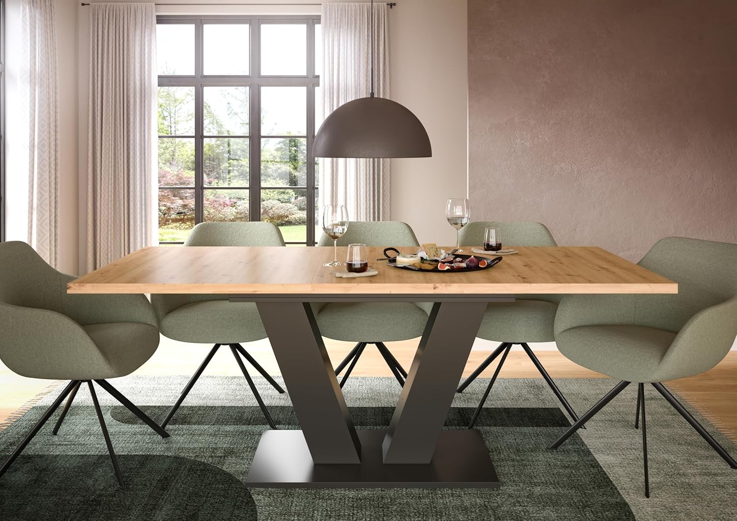 xonox.home - Esstisch Motion 150-190x76x90 cm in Artisan Eiche Nb mit V-Gestell in grau Nb - Esstisch Esszimmertisch Tisch Esszimmer - modern und funktional