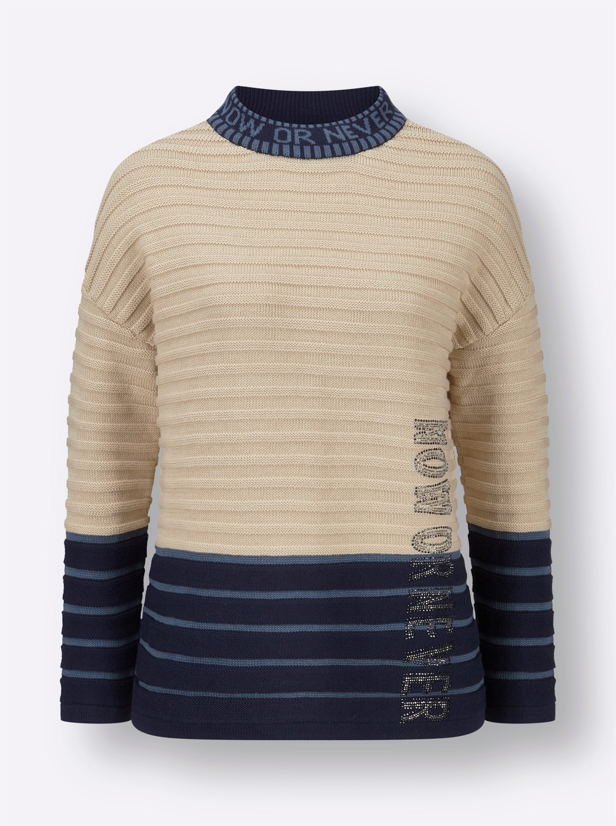 Stehkragen-Pullover in marine-sand-geringelt