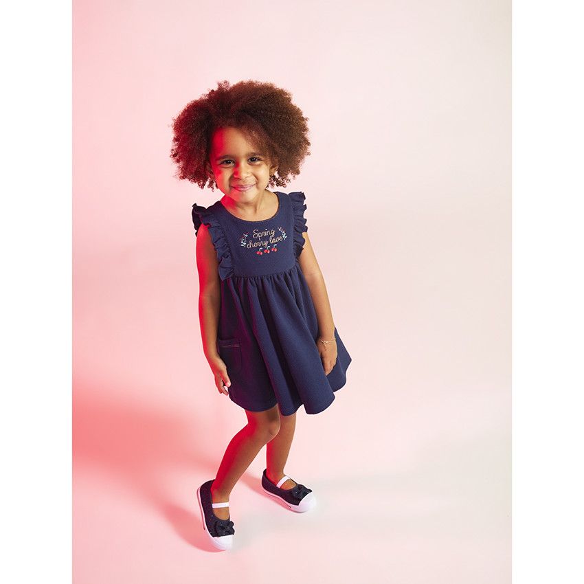 Robe débardeur en molleton cloqué avec broderies pour bébé fille - Bleu marine