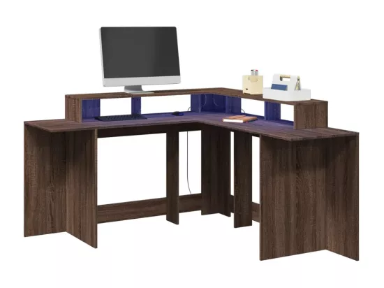 Bureau et lumières LED chêne marron bois d'ingénierie