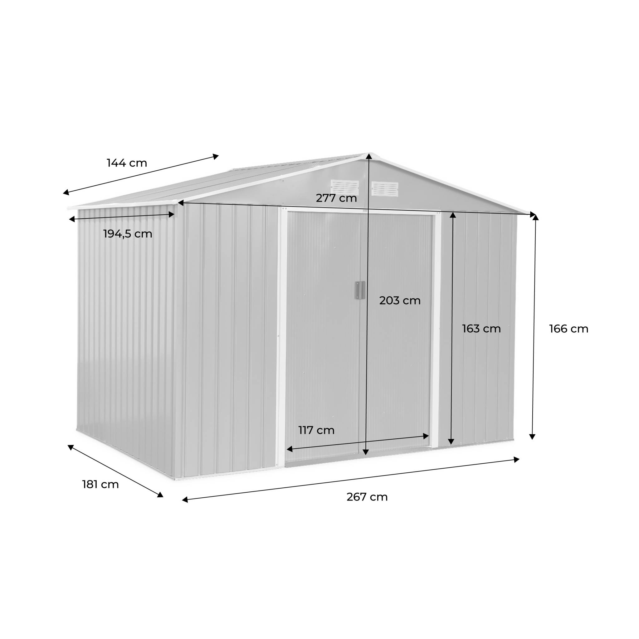 Abri de jardin en métal - ferrain 5.29m² couleur chêne - cabane à outils avec deux grandes portes coulissantes. Kit de fixation sol