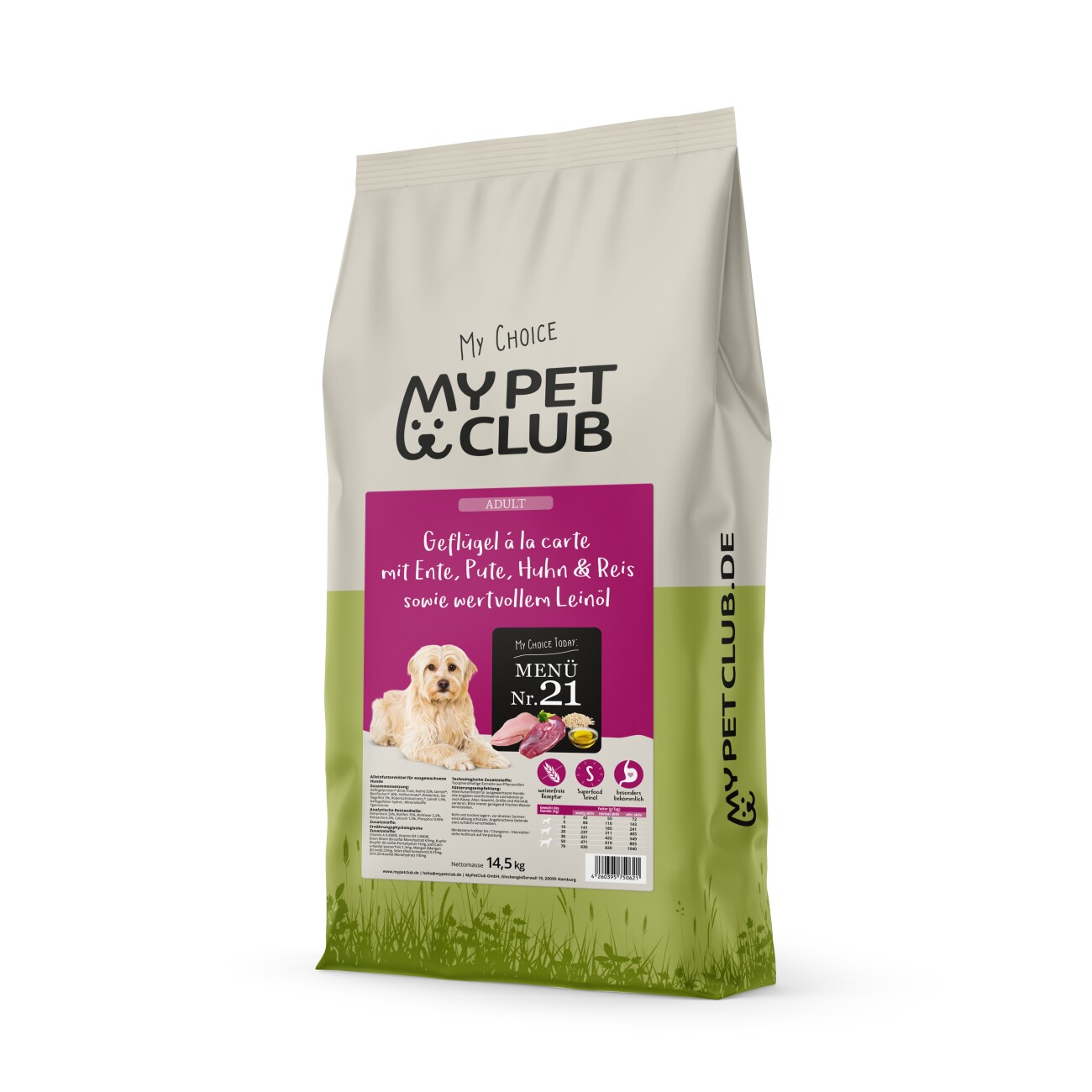 MyPetClub weizenfreies Trockenfutter für Hunde mit Ente, Huhn & Pute und hohem Fleischanteil - 14.5kg
