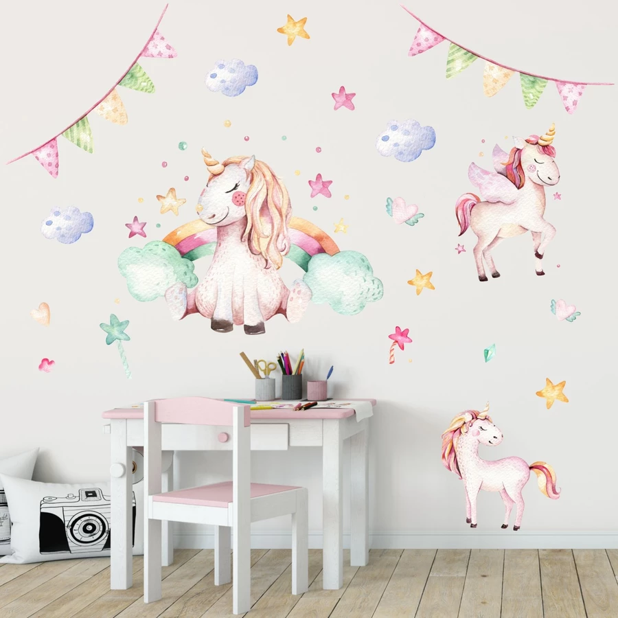 Nikima Wandtattoo 074 Wandtattoo Einhorn pastell Regenbogen bunt