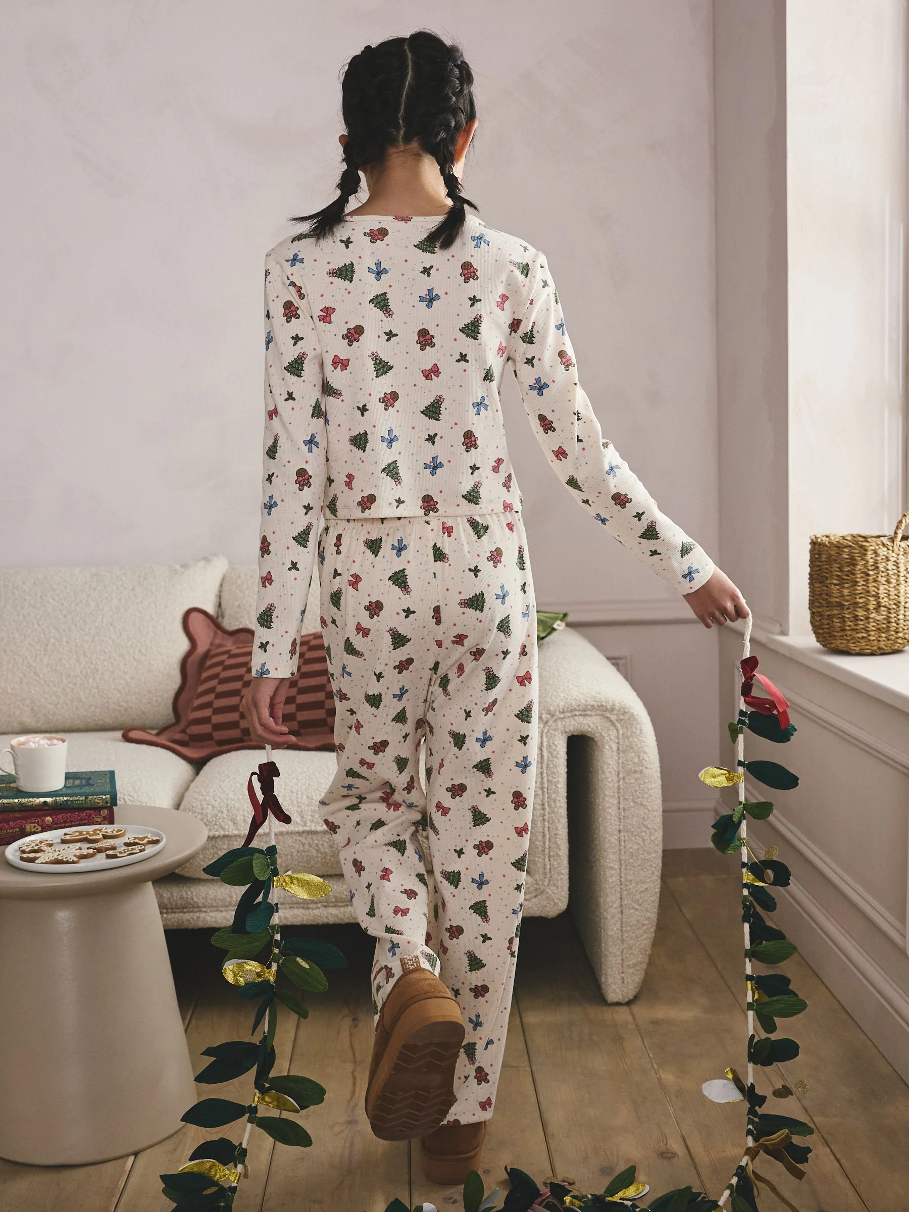Crème geribbeld - Kerstpyjama met wijde pijpen (5-16jr)