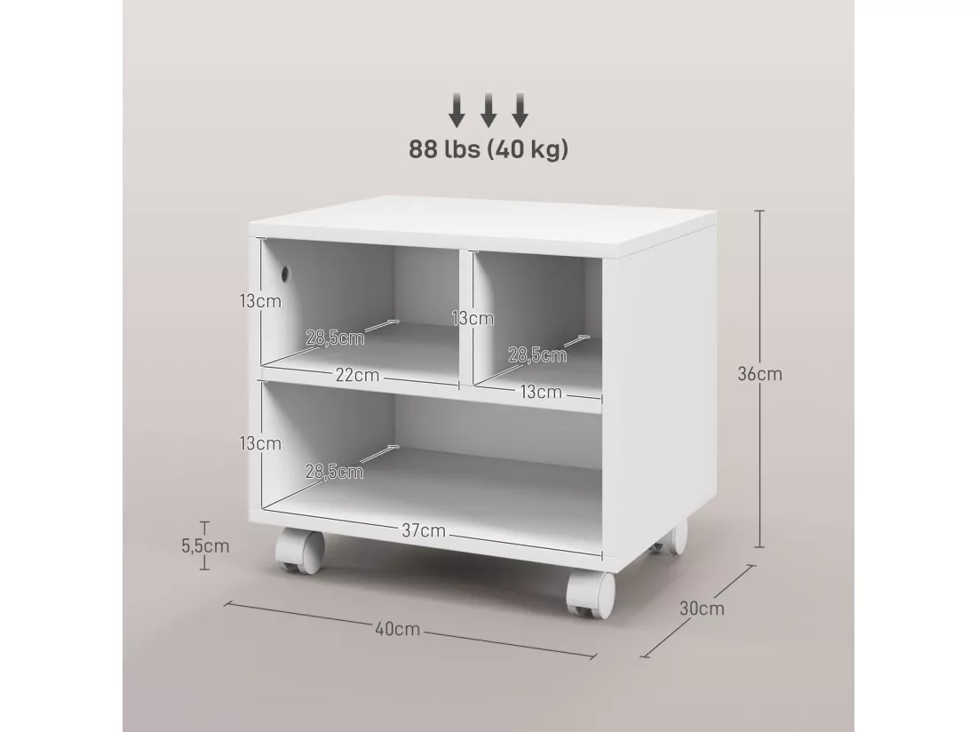 Support d'imprimante caisson de bureau 3 niches - dim. 40L x 30l x 36H cm - panneaux blanc