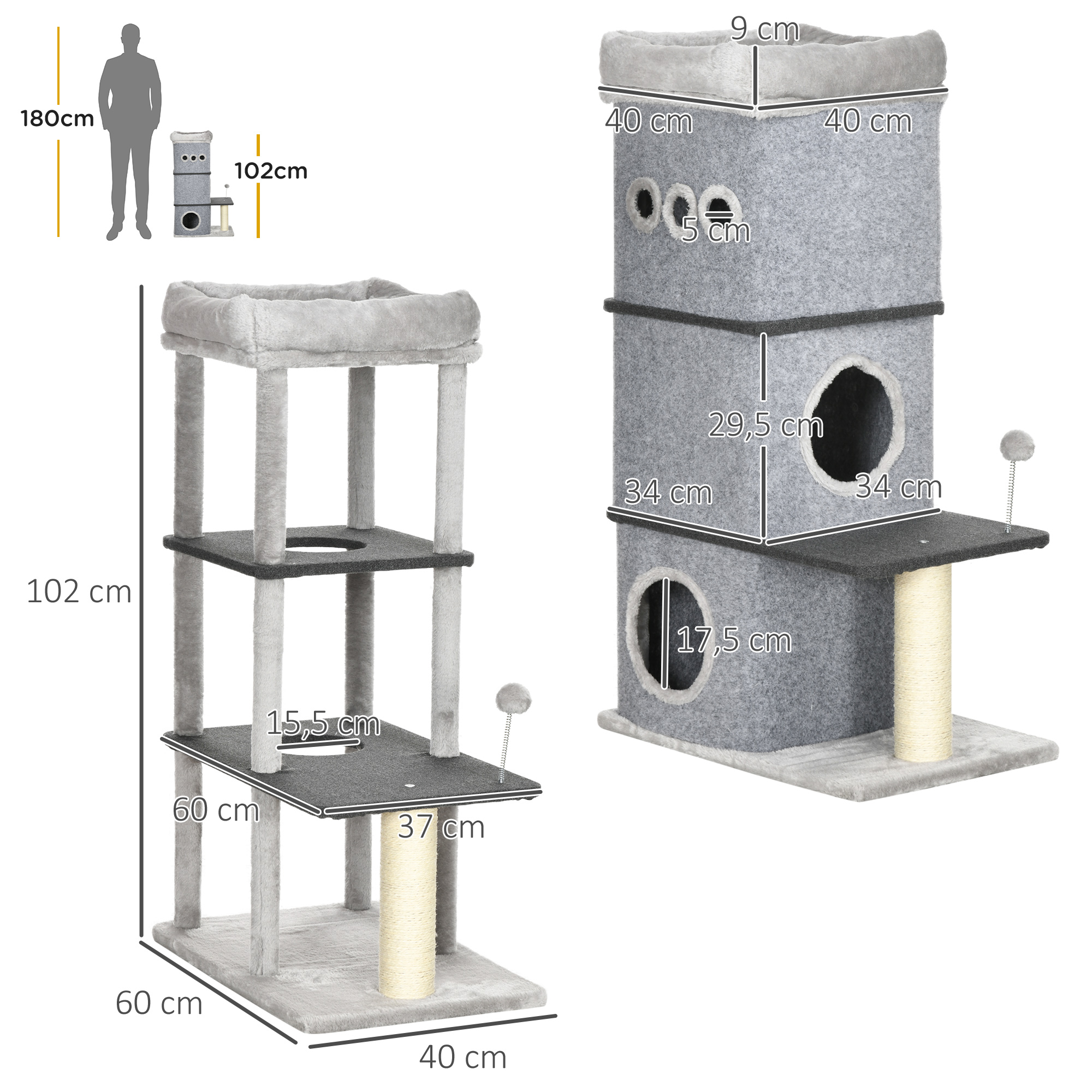 Arranhador de 3 andares PawHut para gatos, 102 cm de altura, torre para gatos com casinha de feltro removível, poste de sisal, cama e bola de brinquedo, 60 x 40 x 102 cm, cinza