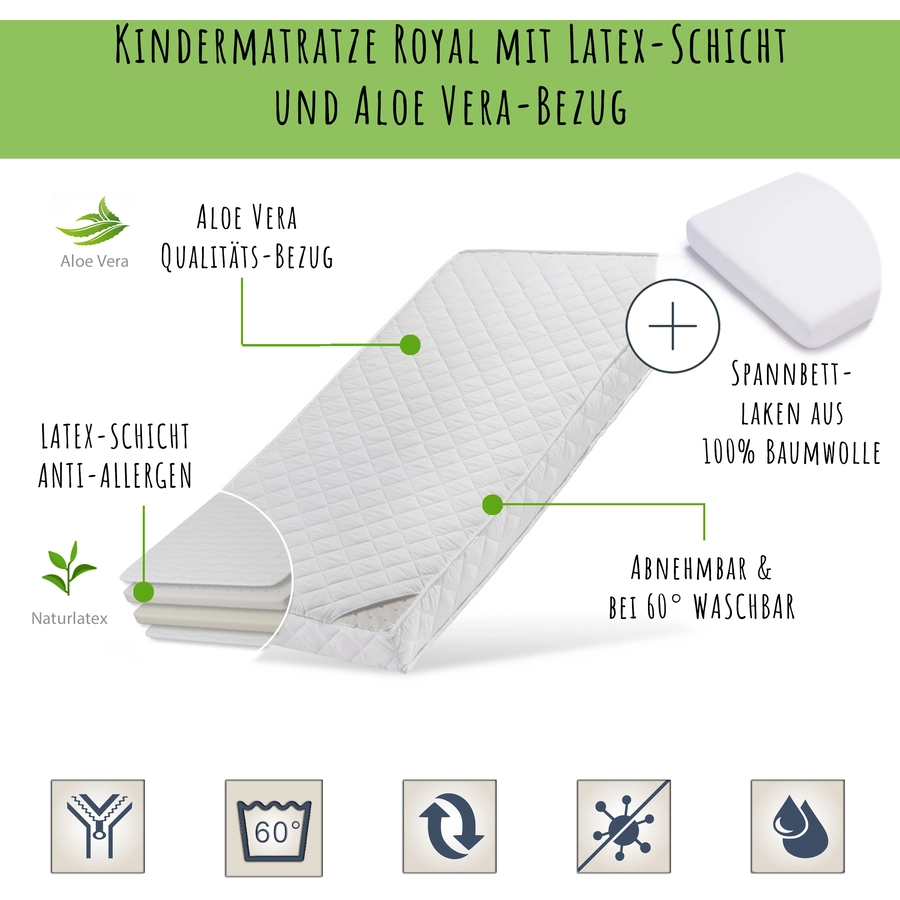 Kids Collective Kindermatratze 80x160 LATEX ROYAL mit Aloe Vera-Bezug, 10 cm hoch weiß mit Spannbettlaken