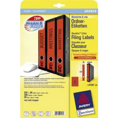 Avery Zweckform L4748-20 Ordnerrücken Etiketten A4, mit ultragrip, 38 x 297 mm, schmal/lang, 20 Bogen/100 Etiketten, rot