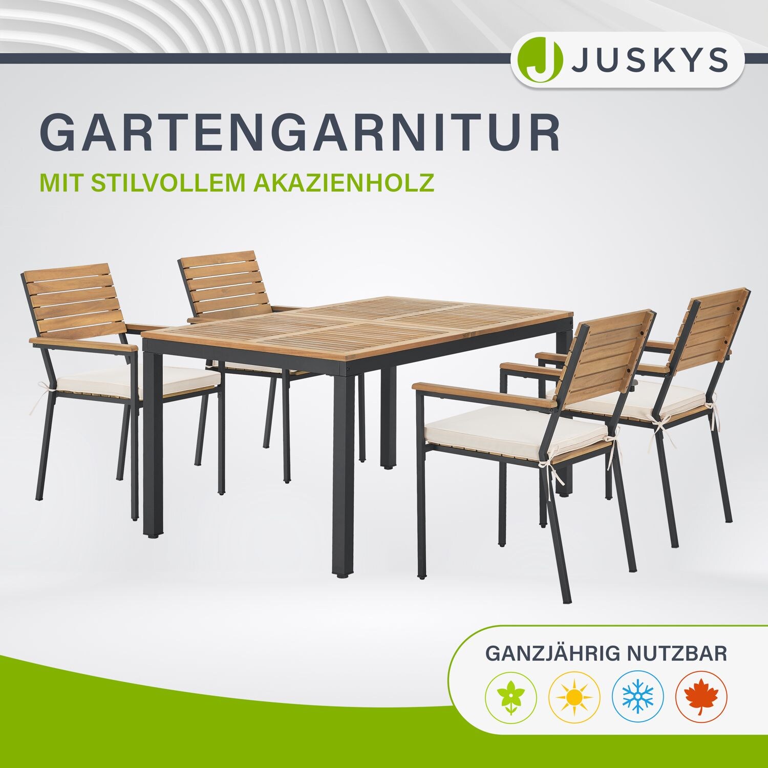 Juskys Akazienholz Gartengarnitur Rhodos - Tisch, 4 Stühle & Auflagen - Gartenmöbel Set - Holz Möbel