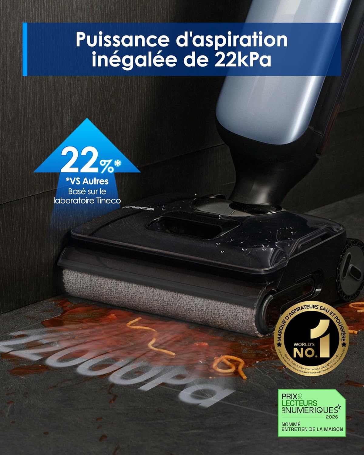 Tineco Floor One S9 Artist Aspirateur Laveur, 22 kPa d'aspiration, 360° SmoothDrive, Design Anti-emmêlement, 50 Min d'autonomie, Nettoyage des Bords des 2 côtés, s'aplatit à 180°, Flashdry à 85°C