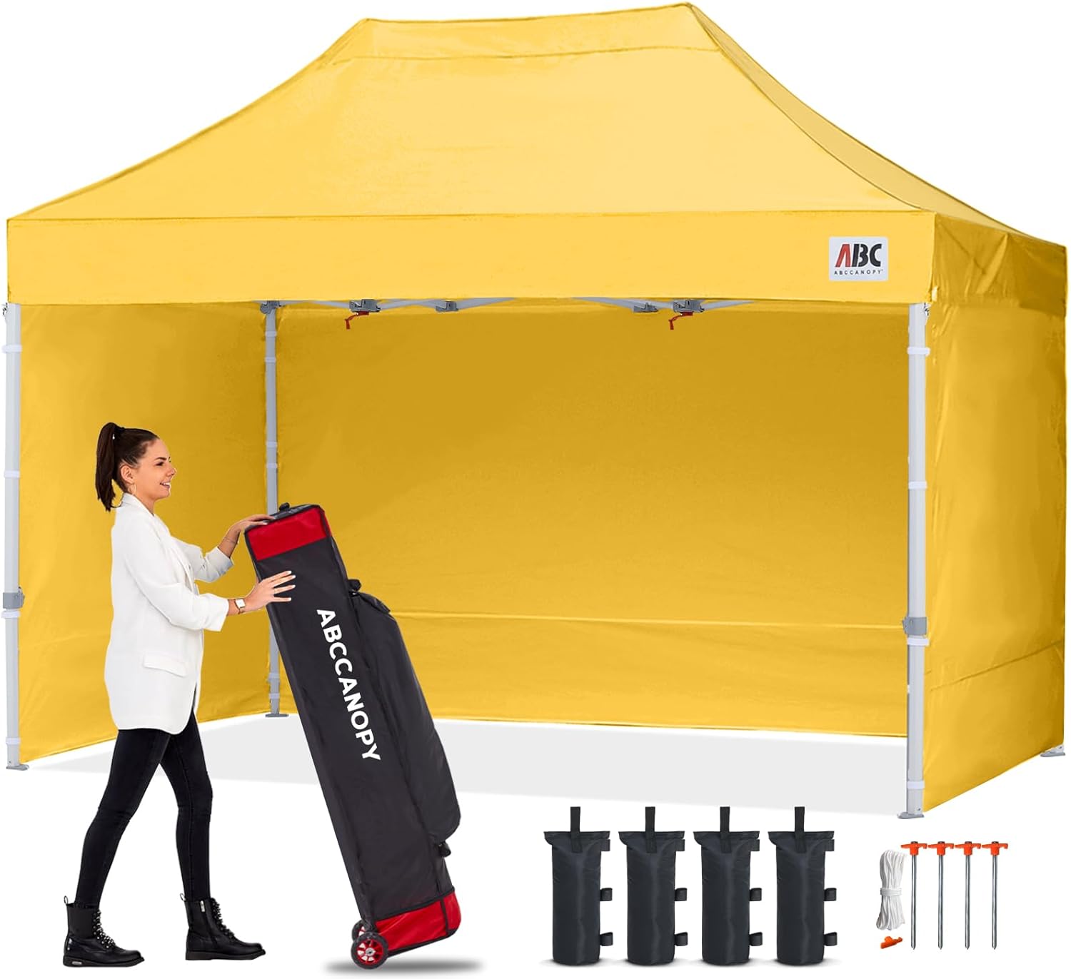 ABCCANOPY Pop-Up-Pavillon mit Seitenteilen und Türwänden, kommerzieller Unterstand, sofortiger Schatten und blockiert Regen, Bonus verbesserte Rolltasche, 4 Gewichtssäcke, Heringe und Seile (Gold)
