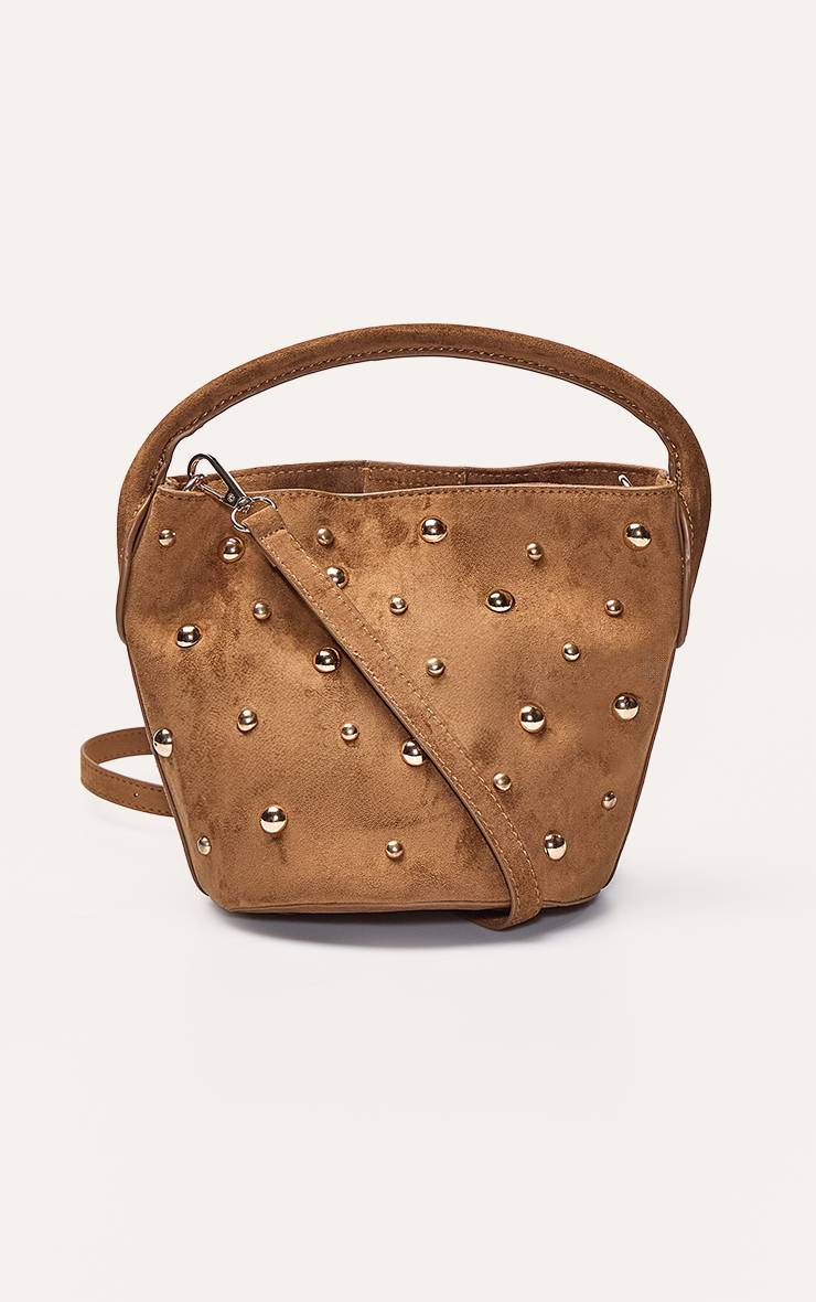 Marron Sac Bandoulière En Faux Suède Beige Avec Détails De Clous Dorés
