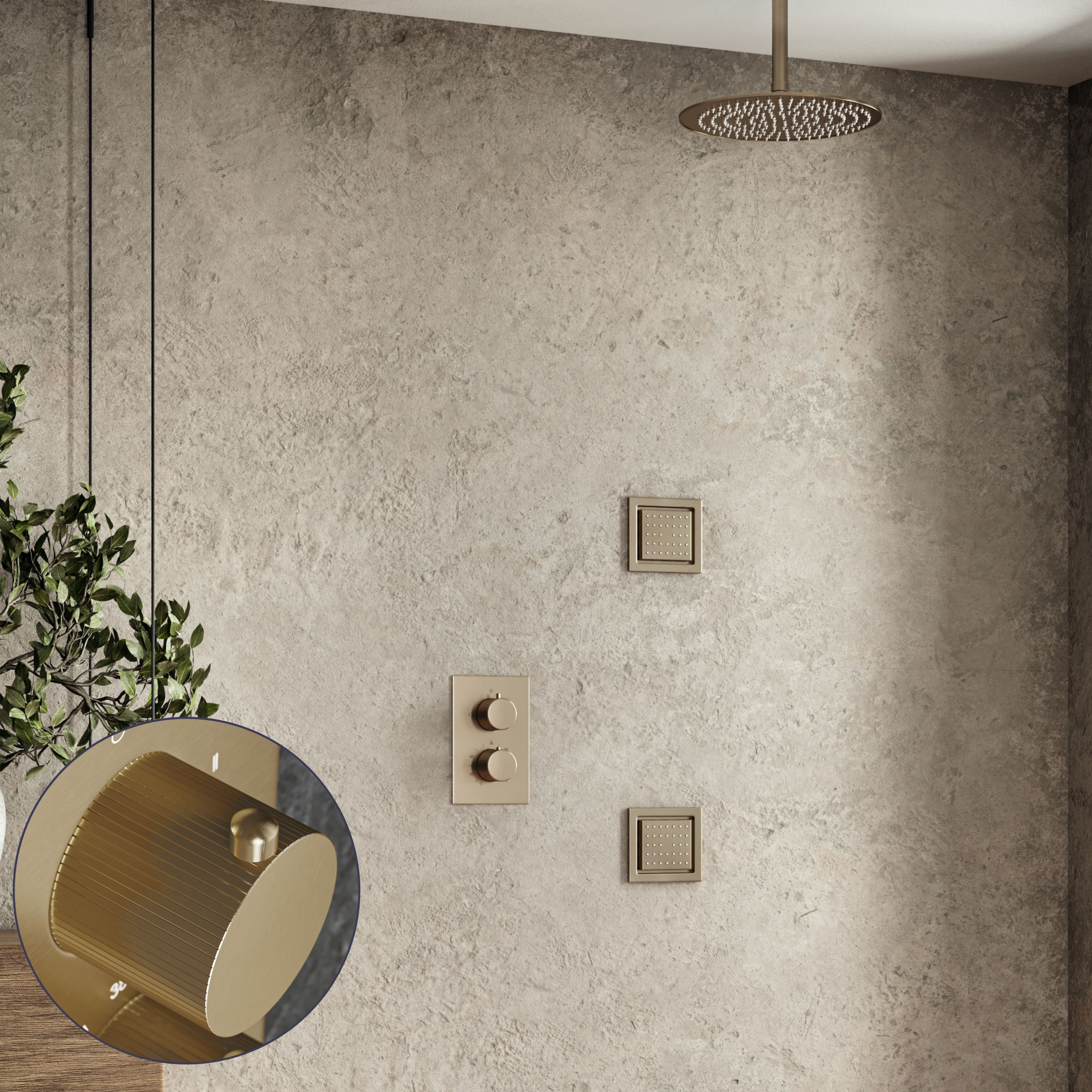 Saniclear Brass Stripes inbouw regendouche 20cm met vierkante massagejets en plafondarm geborsteld messing - mat goud