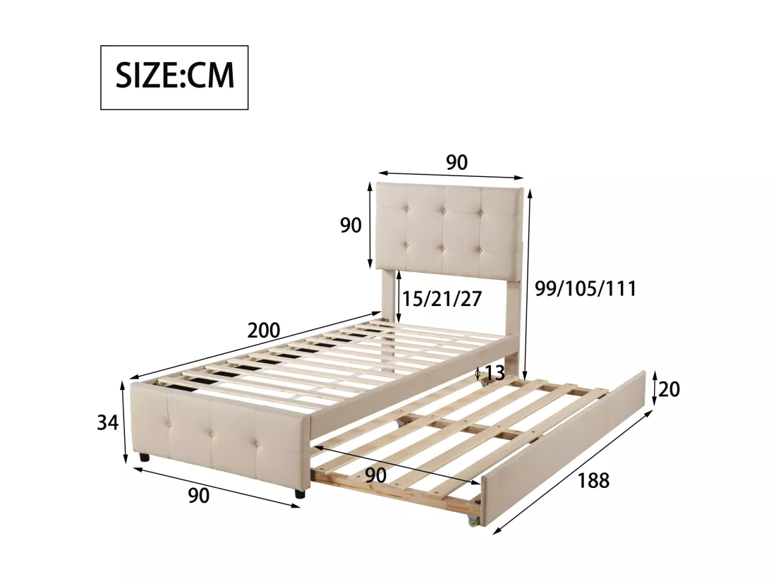 Lit gigogne 90 x 190/200 cm - tête de lit réglable - tissu lin - pour enfants - beige