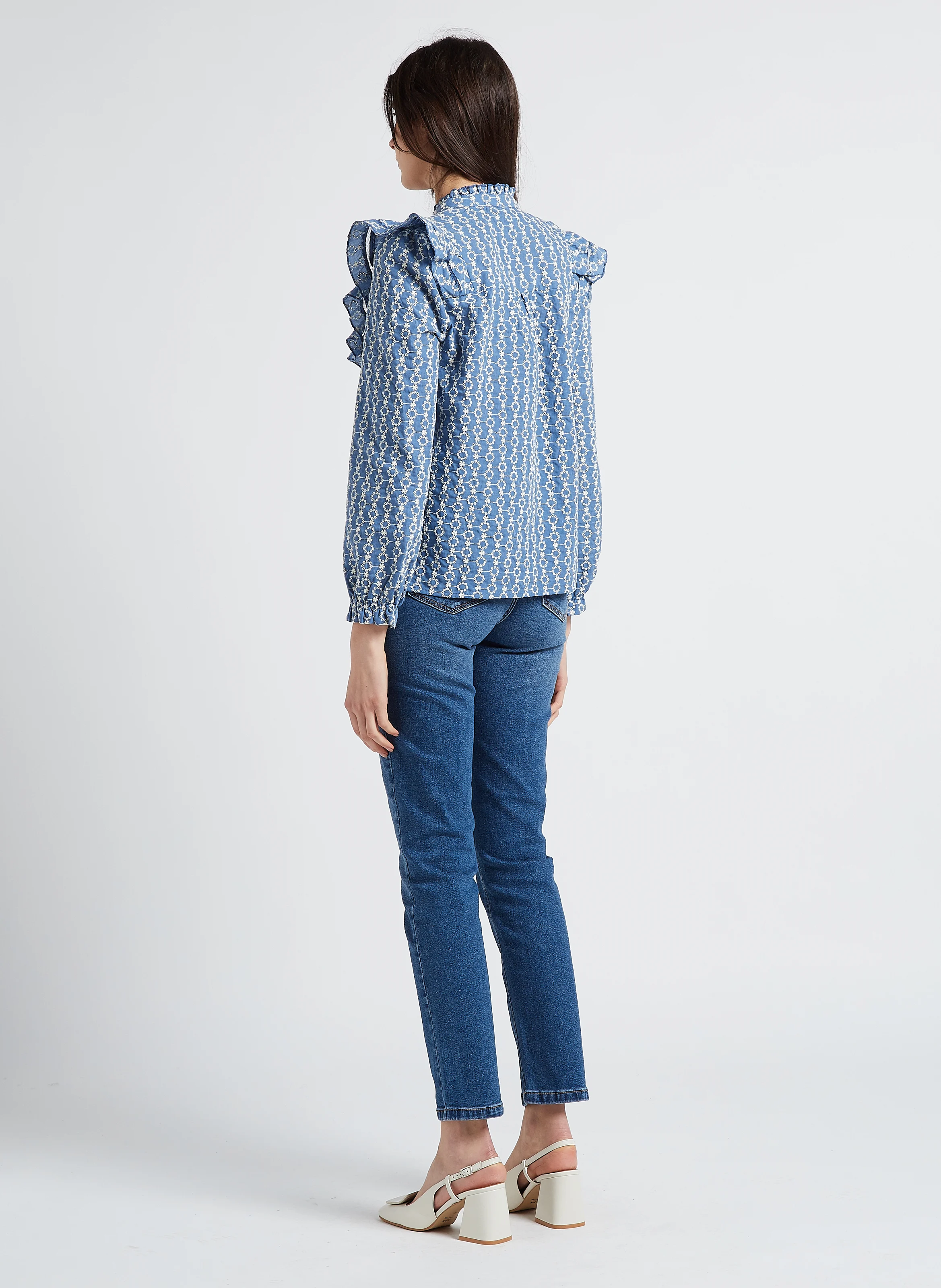 Jean droit taille mi-haute en denim de coton| Bleu