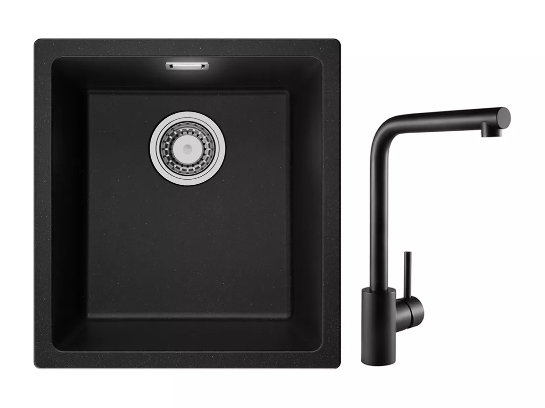 Evier 1 Bac en Quartz et Résine, 3 Options de Montage, 40*44*20cm + Mitigeur de Evier Noir Rrotatif à 360 °