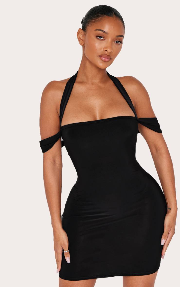 Noir Robe Mini Ajustée À Encolure Droite Et Col Licou