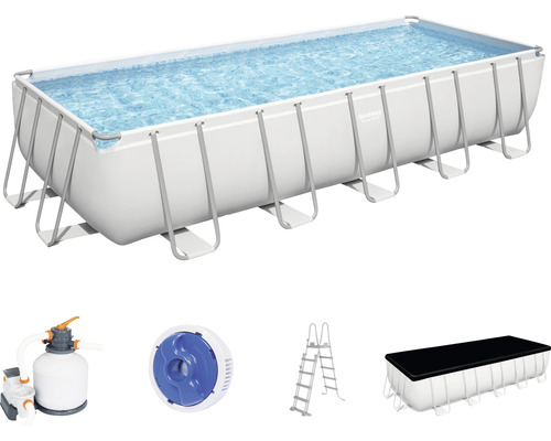 Bovengronds zwembadframe zwembadset Bestway Power Steel™ rechthoekig 640x274x132 cm incl. zandfiltersysteem grijs