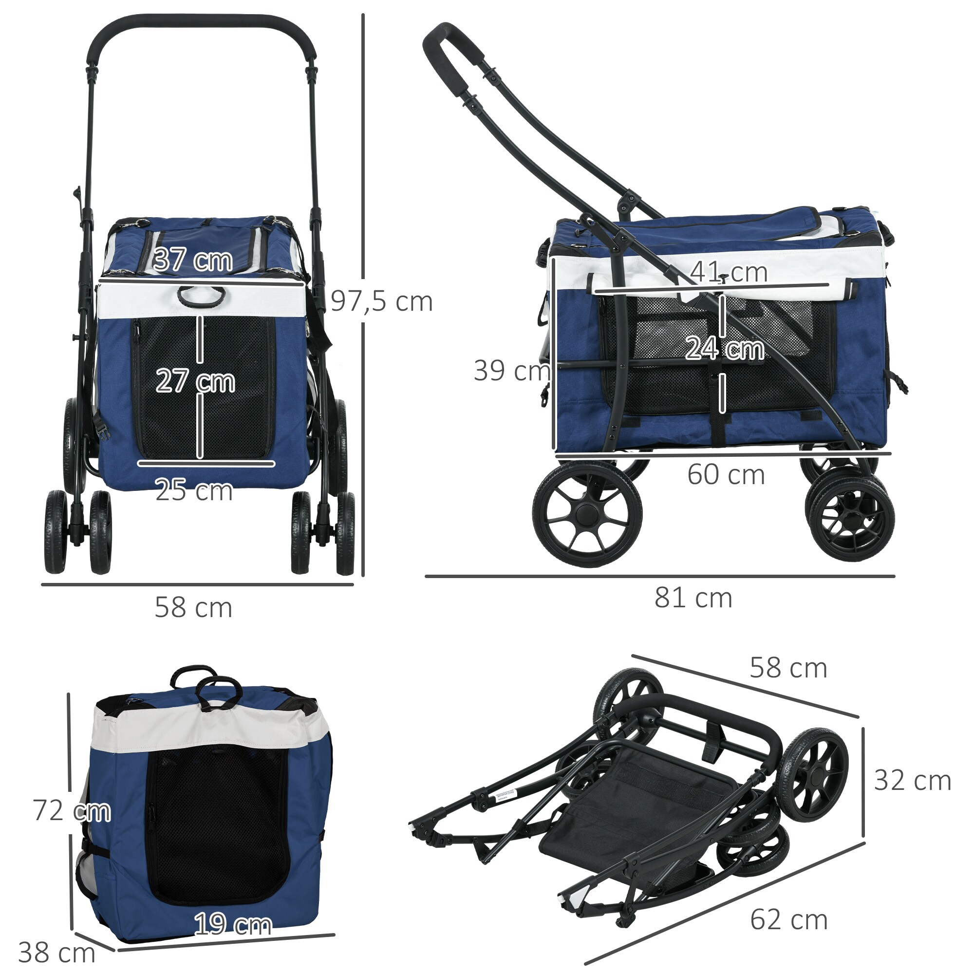 PawHut Hundebuggy mit Klappmechanismus blau 81L x 58B x 97,5H cm
