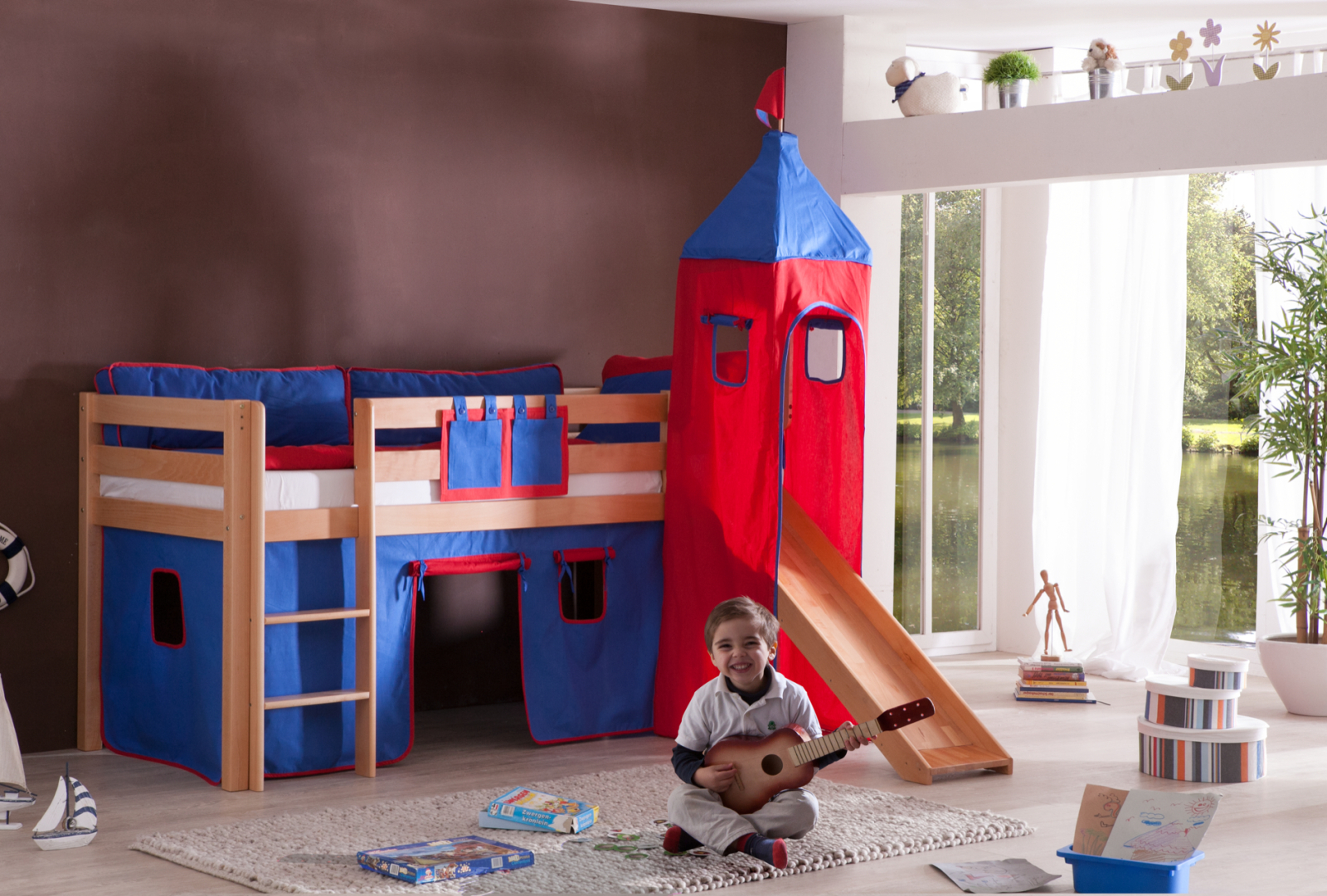 Halbhochbett ALEX - natur - Buche massiv - Rutsche und Turm - 90x200 cm
