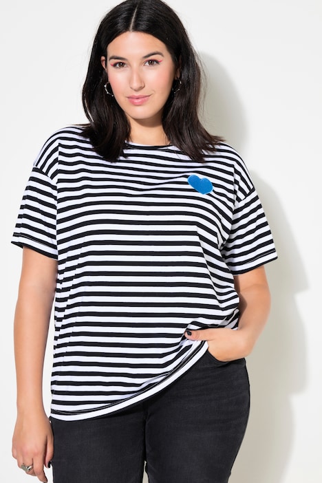 Ringelshirt, oversized, Halbarm, Herz Patch