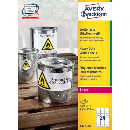 Avery Zweckform L4773-100 Wetterfeste Folien-Etiketten, 63,5 x 33,9 mm, 100 Bogen/2.400 Etiketten, weiß