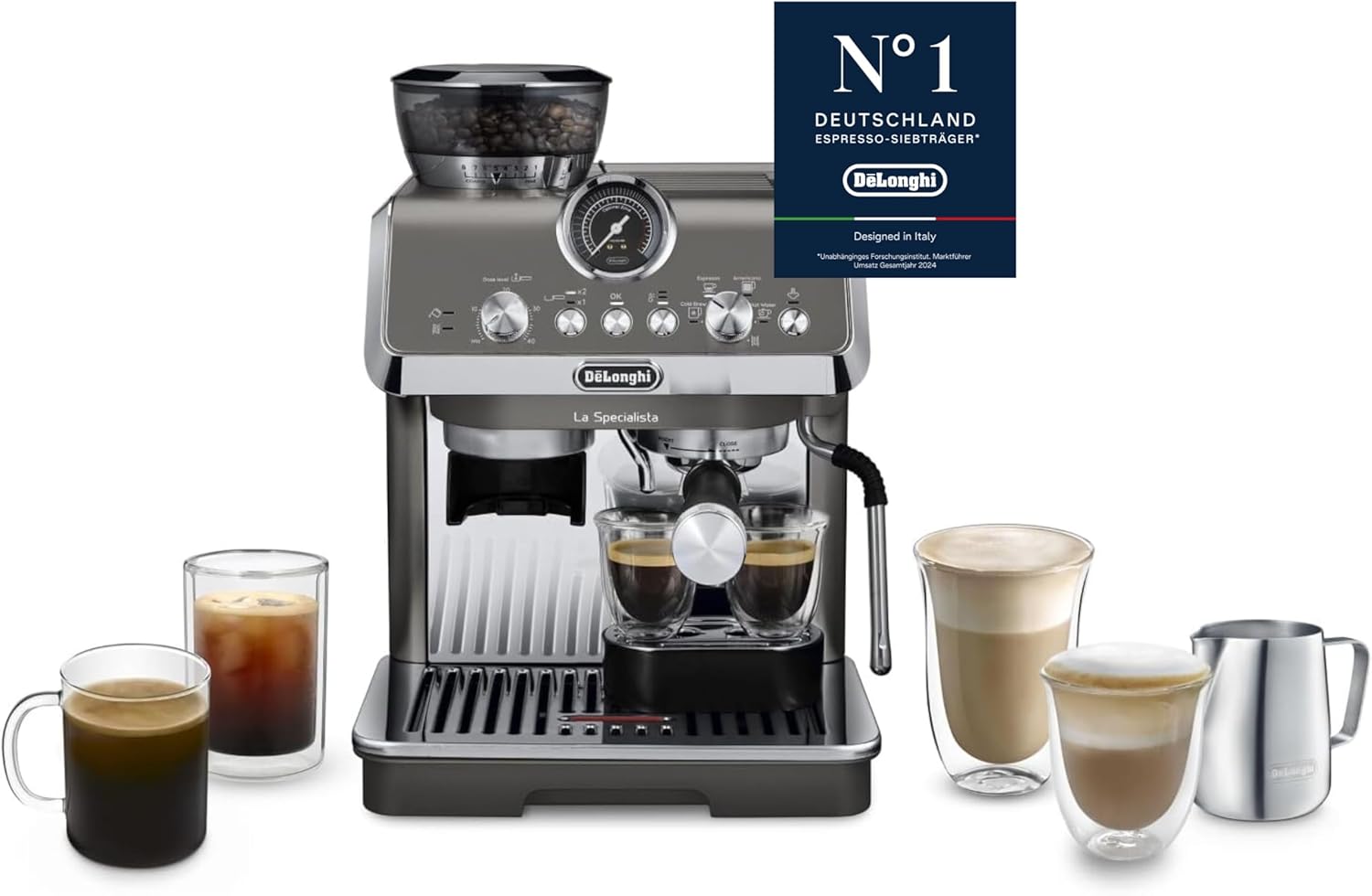 De'Longhi Siebträgermaschine La Specialista Arte Evo Cold Brew EC9255T, Espressomaschine mit Mahlwerk inkl Barista-Kit, Cold Brew-Funktion, 8 Mahlgrade, 15 Bar, 3 Temperaturen, Milchschaumdüse, Titan