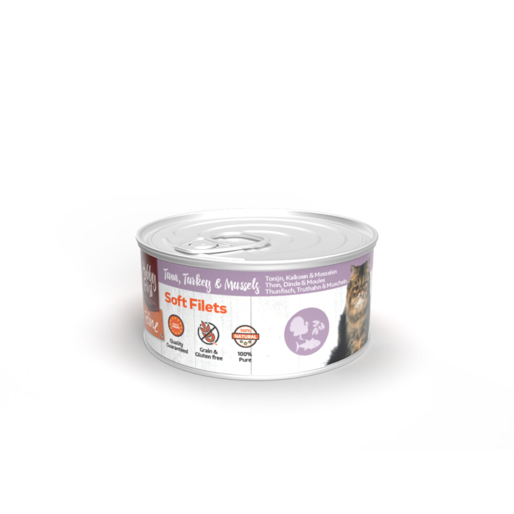 12x HobbyFirst Feline Blik Zachte Filets Tonijn & Kalkoen & Mossel70 gr