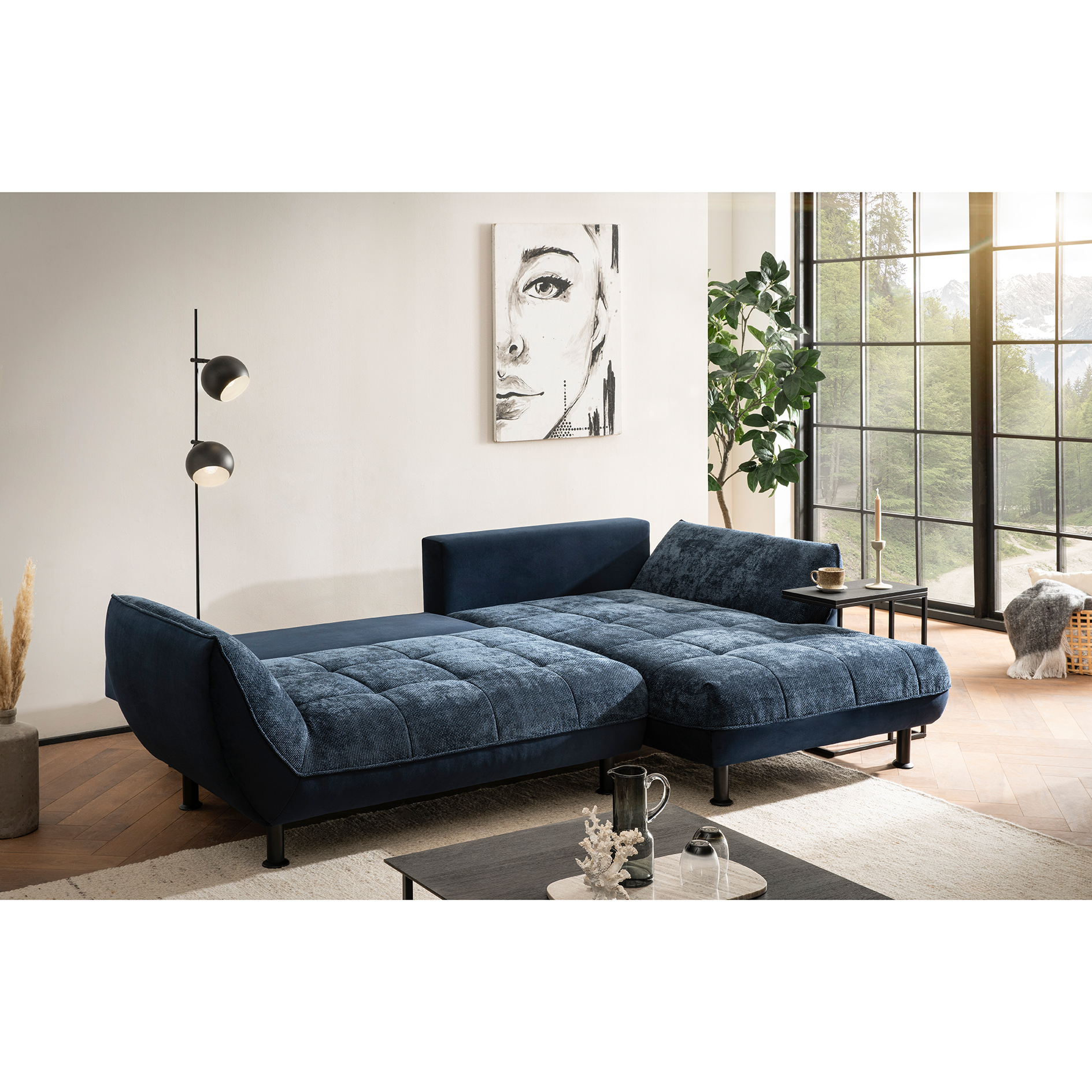 Ecksofa - dunkelblau - Liegefunktion - Longchair rechts